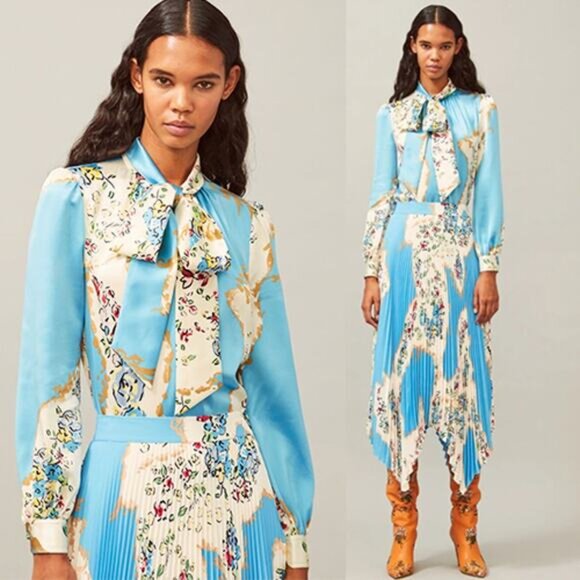 NEW Tory Burch Printed Satin Bow Tie Long-Sleeve Button-Up Blouse Blue Size: 4 - Picture 8 of 8